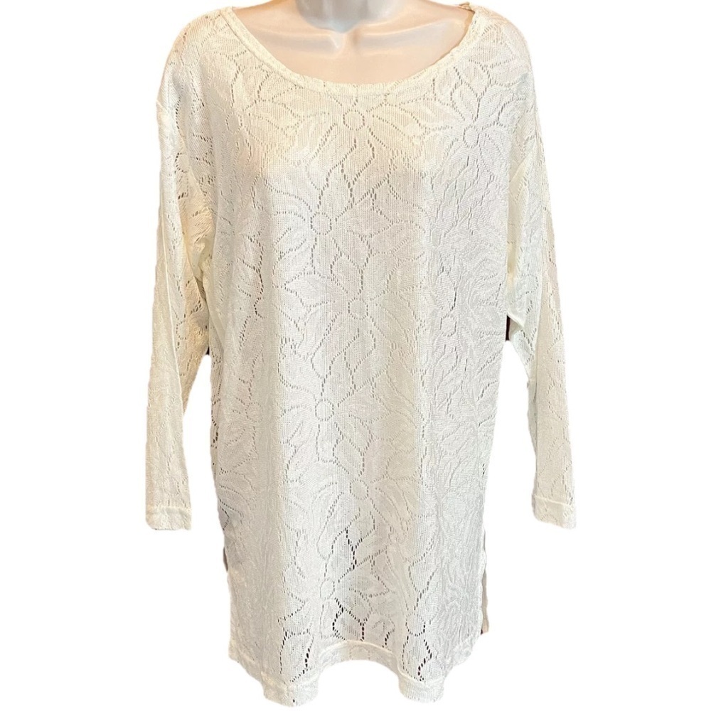 Express Tricot Vintage Scoop Neck Floral Knit Tunic Long Sleeve Top Small White